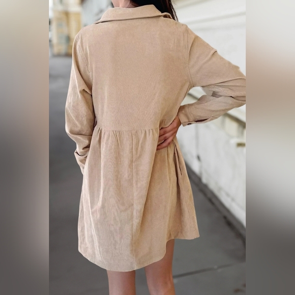 Almond Corduroy Half Button Collared Long Sleeve Mini Dress - Picture 2 of 2